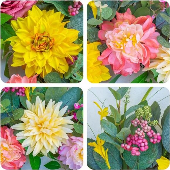 Spring Summer Wreaths for Front Door, Floral Door Wreath with Peony Dahlia Rose - Picture 4 of 7